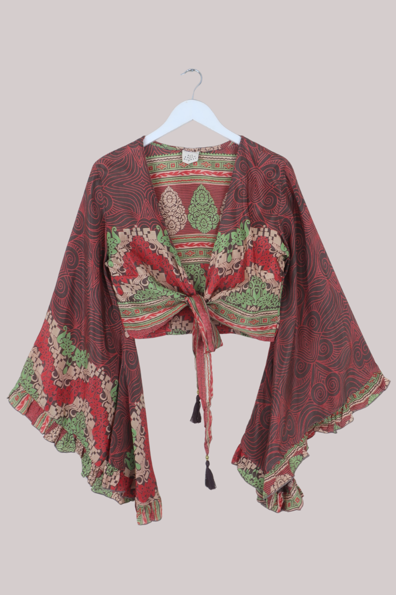 Venus Recycled Sari Wrap Top in Earthy Terracotta Florals - Size S