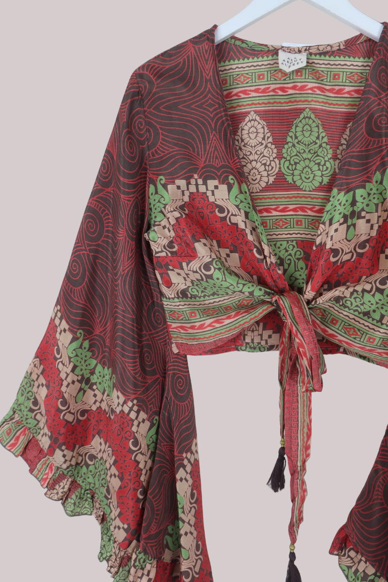 Venus Recycled Sari Wrap Top in Earthy Terracotta Florals - Size S