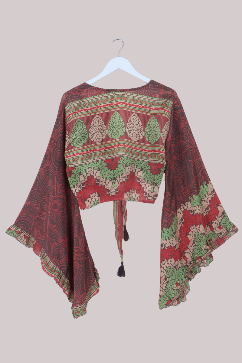 Venus Recycled Sari Wrap Top in Earthy Terracotta Florals - Size S