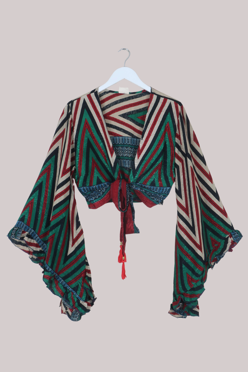 Venus Recycled Sari Wrap Top in Earthy Toned Zigzags - Size L