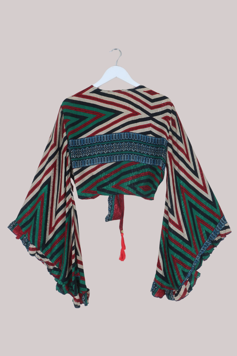 Venus Recycled Sari Wrap Top in Earthy Toned Zigzags - Size L
