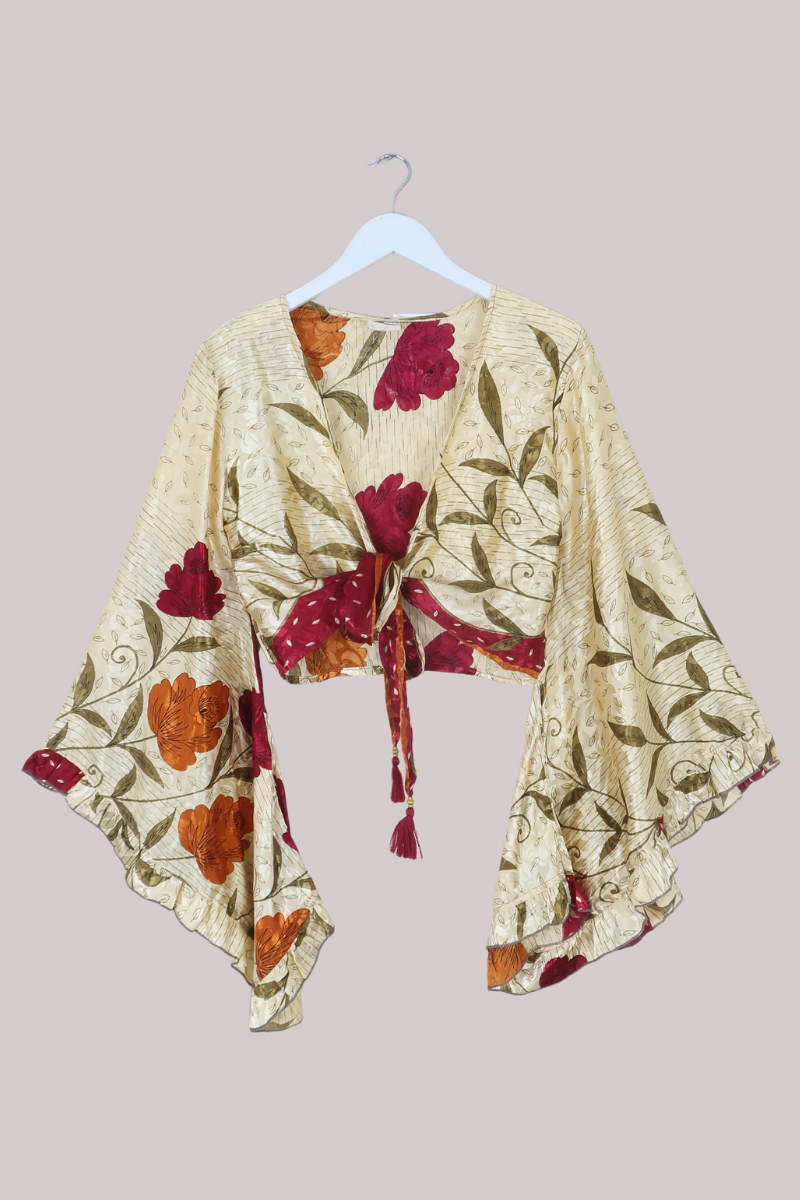 Venus Recycled Sari Wrap Top in Flowery Champagne - Size S