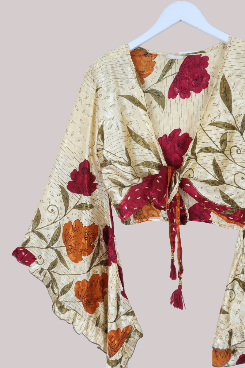 Venus Recycled Sari Wrap Top in Flowery Champagne - Size S