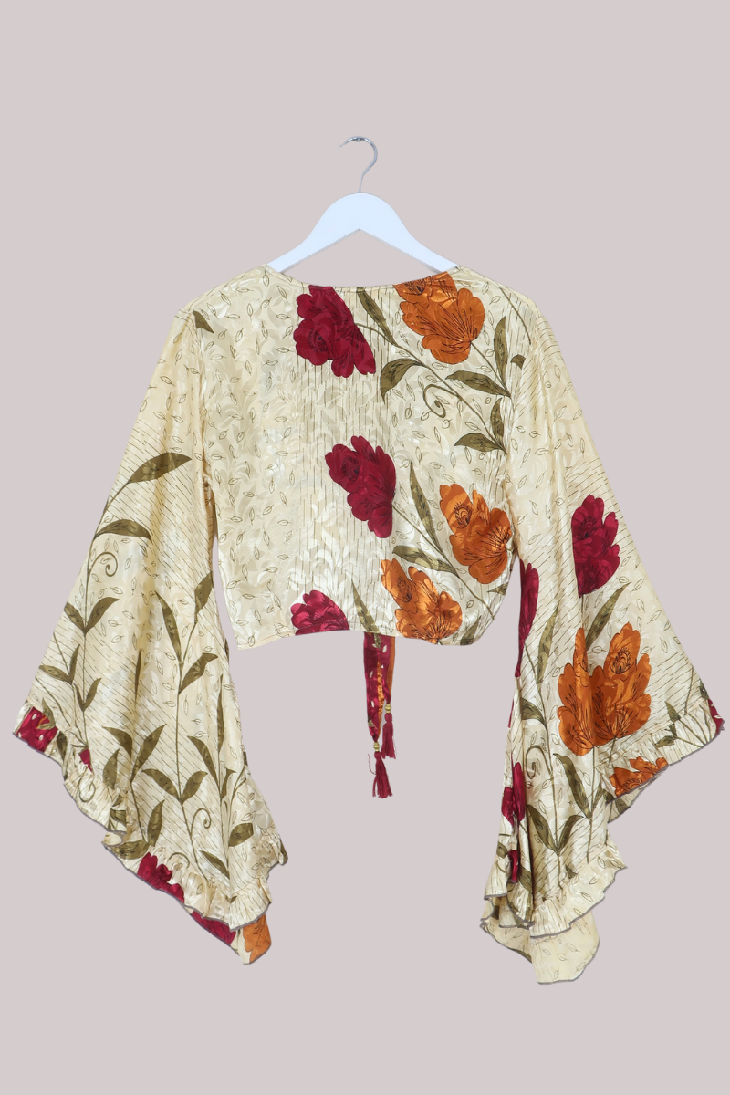 Venus Recycled Sari Wrap Top in Flowery Champagne - Size S