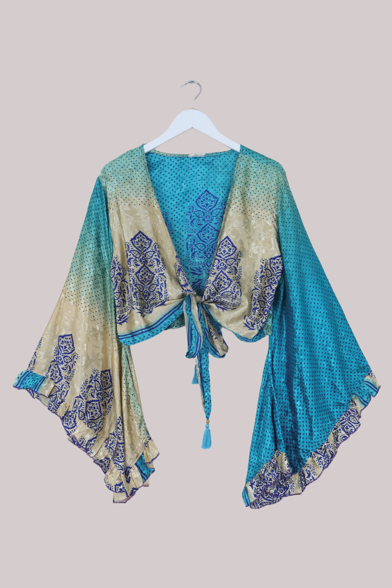 Venus Recycled Sari Wrap Top in Hawaiian Sea Polka - Size M