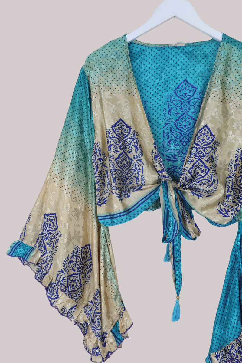Venus Recycled Sari Wrap Top in Hawaiian Sea Polka - Size M