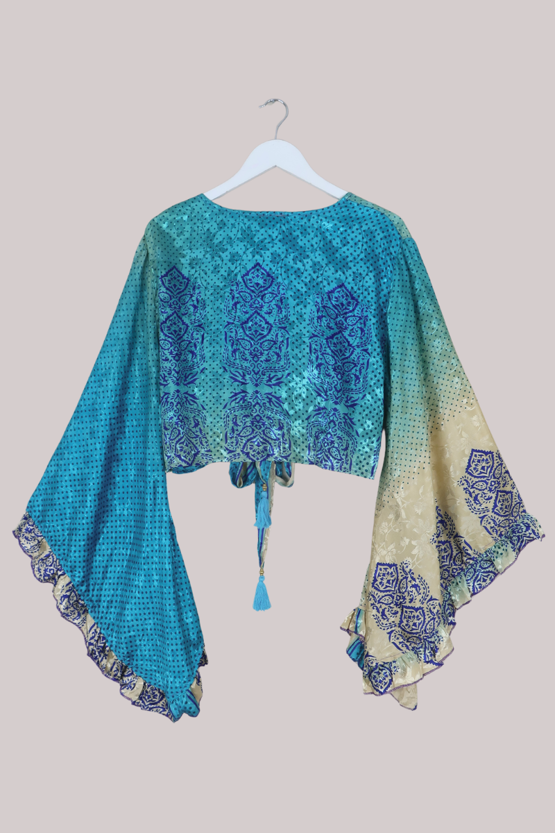 Venus Recycled Sari Wrap Top in Hawaiian Sea Polka - Size M