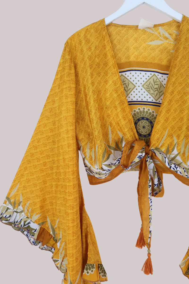 Venus Recycled Sari Wrap Top in Honeydew Gold - Size L