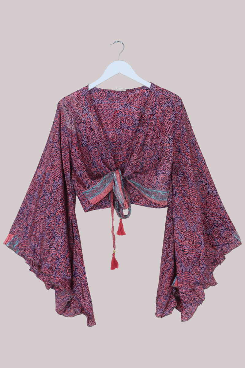 Venus Recycled Sari Wrap Top in Jeweled Mauve Tapestry - Size XS