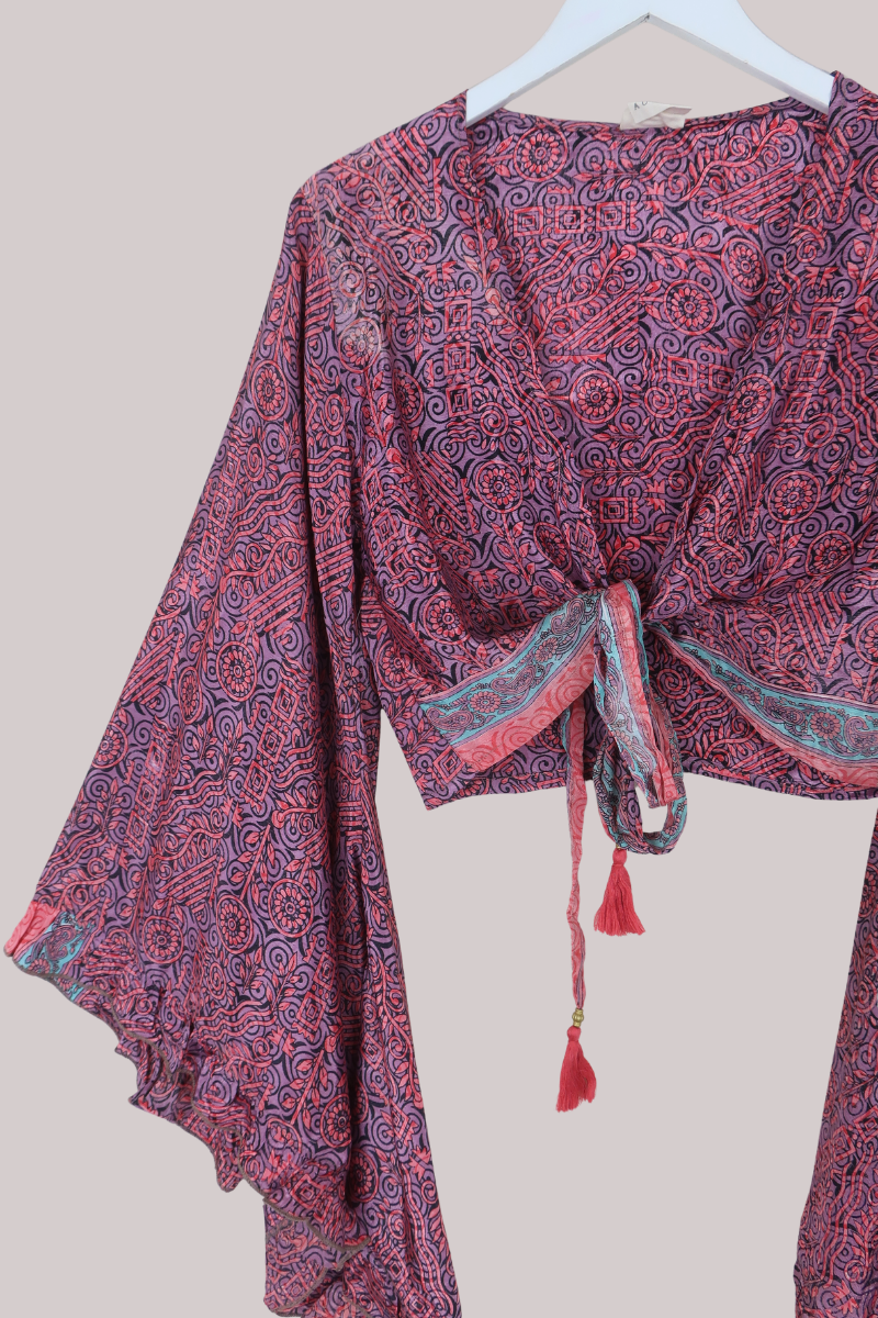 Venus Recycled Sari Wrap Top in Jeweled Mauve Tapestry - Size XS