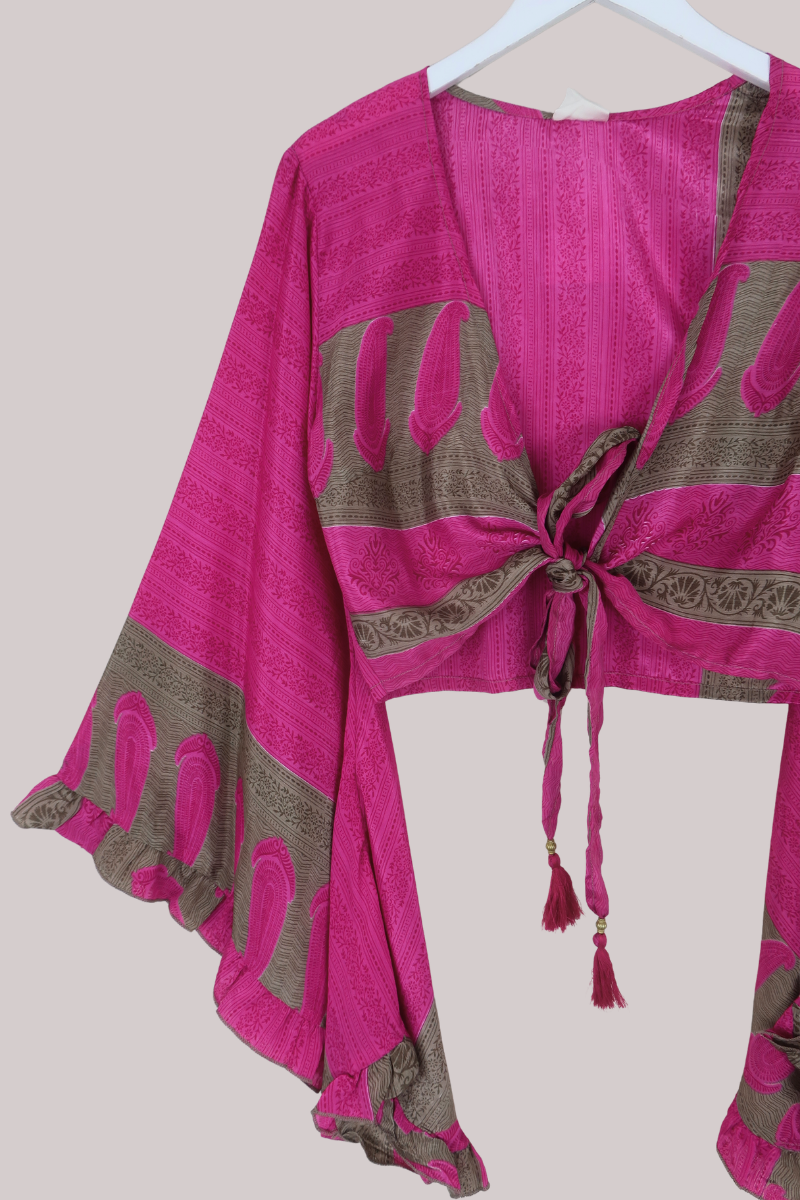 Venus Recycled Sari Wrap Top in Jubilant Pink - Size S