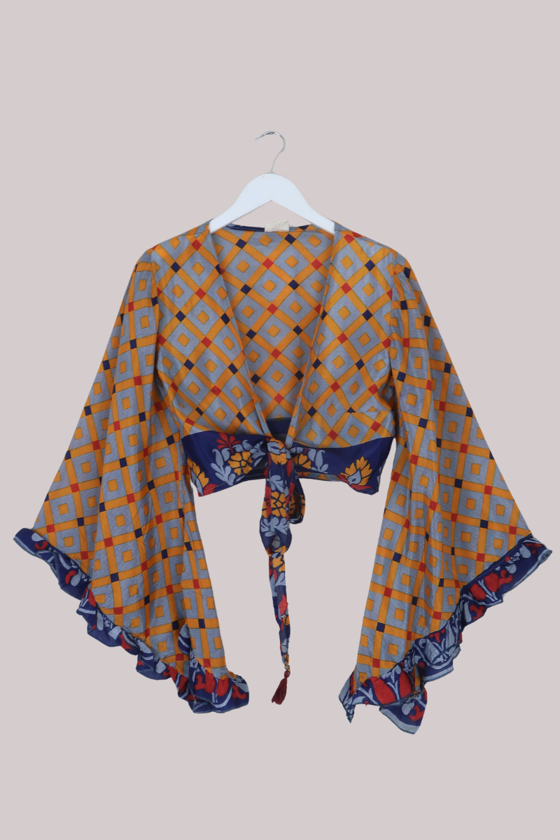 Venus Recycled Sari Wrap Top in Kumquat Orange Criss Cross - Size XS