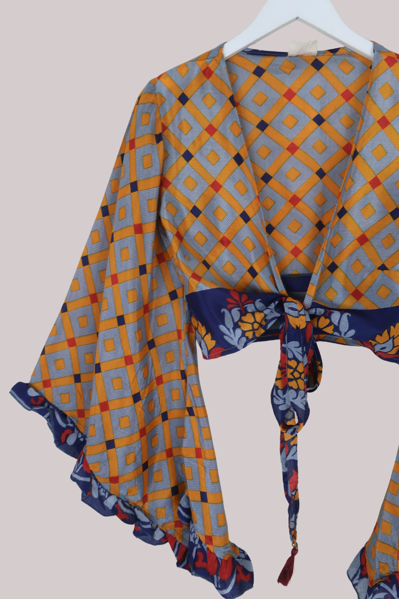 Venus Recycled Sari Wrap Top in Kumquat Orange Criss Cross - Size XS