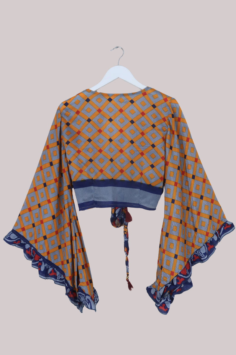 Venus Recycled Sari Wrap Top in Kumquat Orange Criss Cross - Size XS