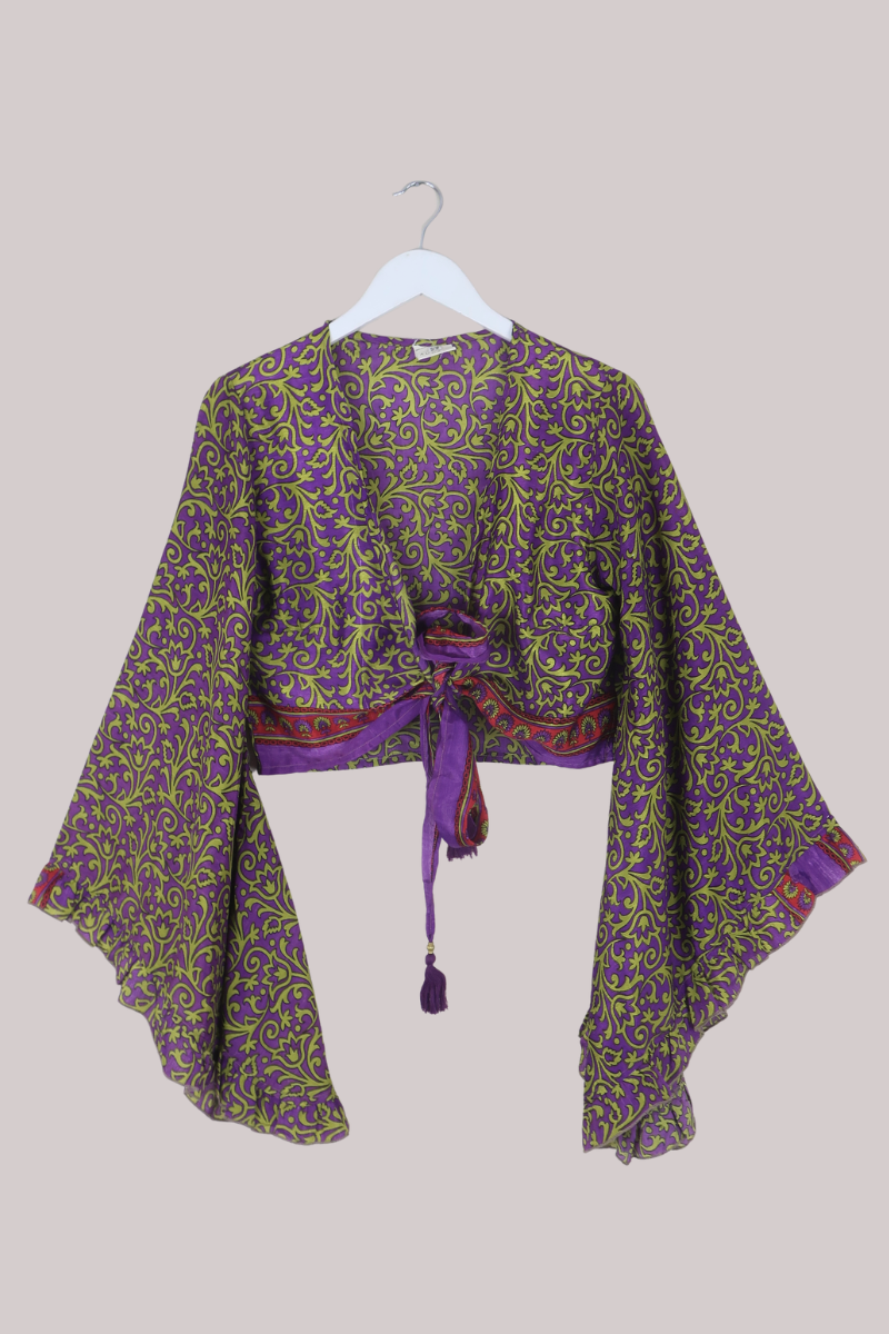 Venus Recycled Sari Wrap Top in Lavender & Lime - Size S