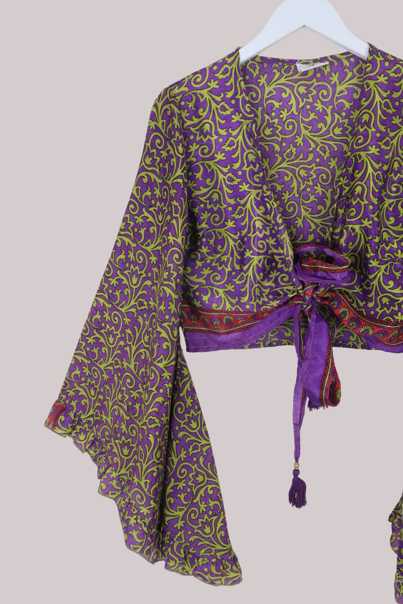 Venus Recycled Sari Wrap Top in Lavender & Lime - Size S