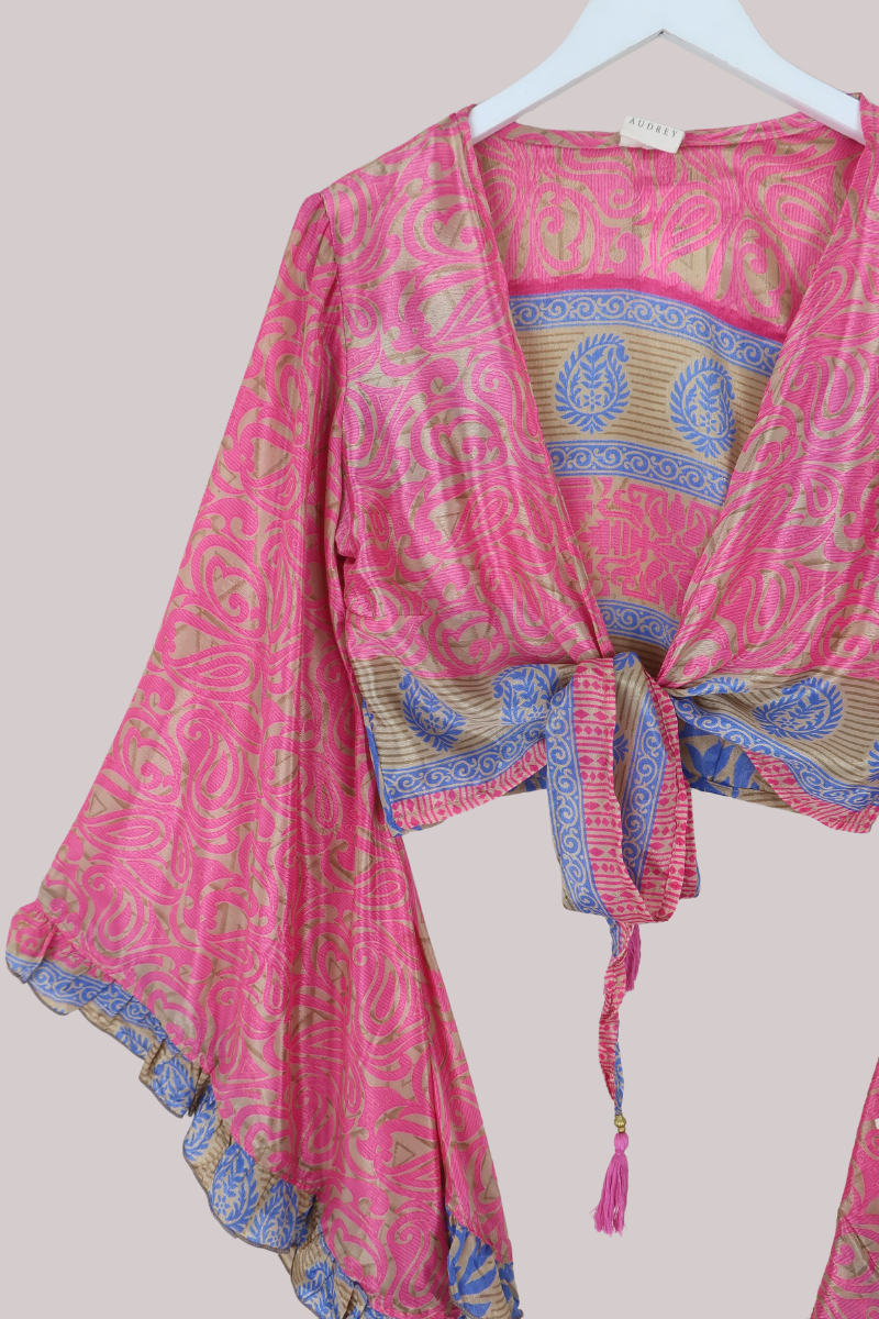 Venus Recycled Sari Wrap Top in Lover Pink Tapestry - Size M