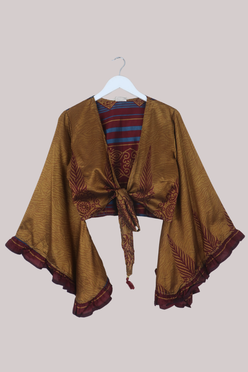 Venus Recycled Sari Wrap Top in Midas Gold & Burgundy - Size XS