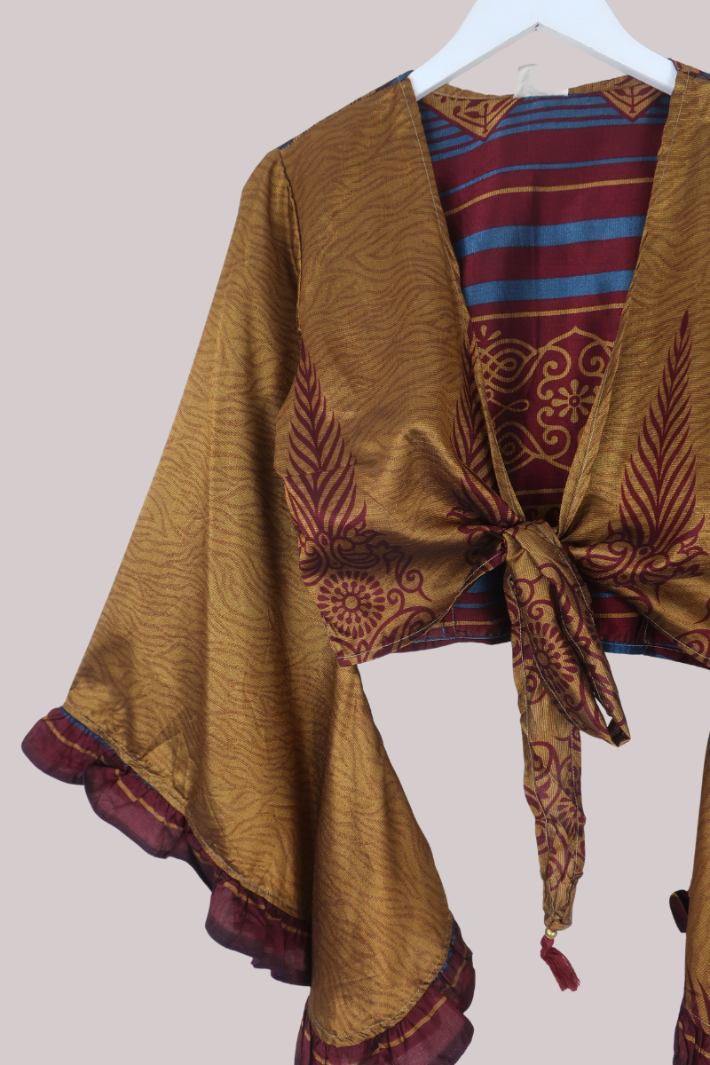 Venus Recycled Sari Wrap Top in Midas Gold & Burgundy - Size XS