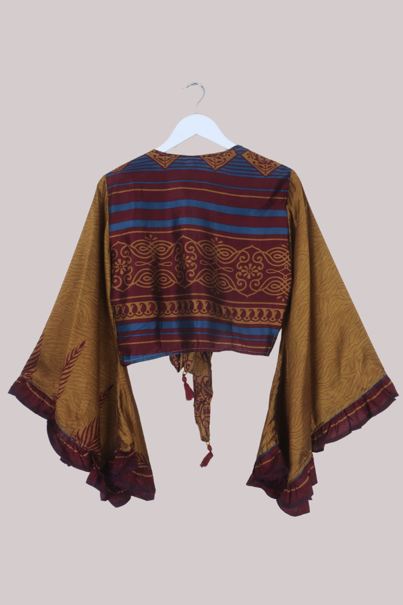 Venus Recycled Sari Wrap Top in Midas Gold & Burgundy - Size XS