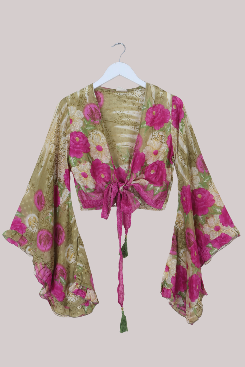 Venus Recycled Sari Wrap Top in Montage Of Peonies - Size S