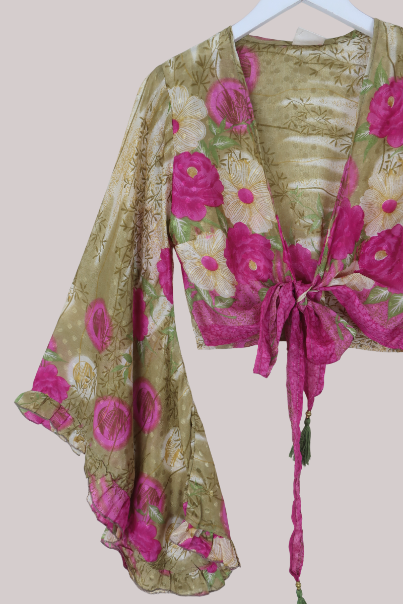 Venus Recycled Sari Wrap Top in Montage Of Peonies - Size S