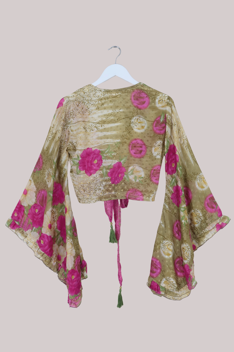 Venus Recycled Sari Wrap Top in Montage Of Peonies - Size S