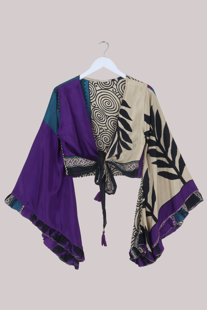 Venus Recycled Sari Wrap Top in Orchid Purple Etchings - Size S