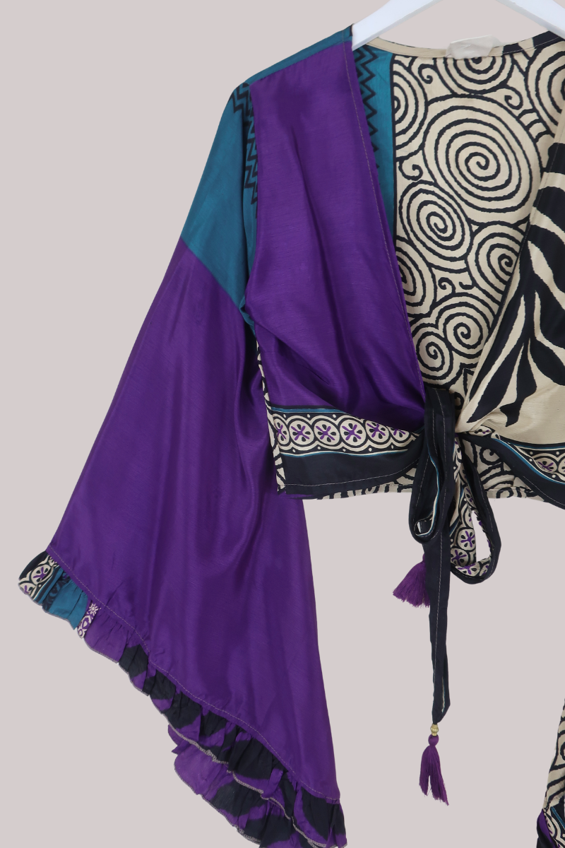 Venus Recycled Sari Wrap Top in Orchid Purple Etchings - Size S