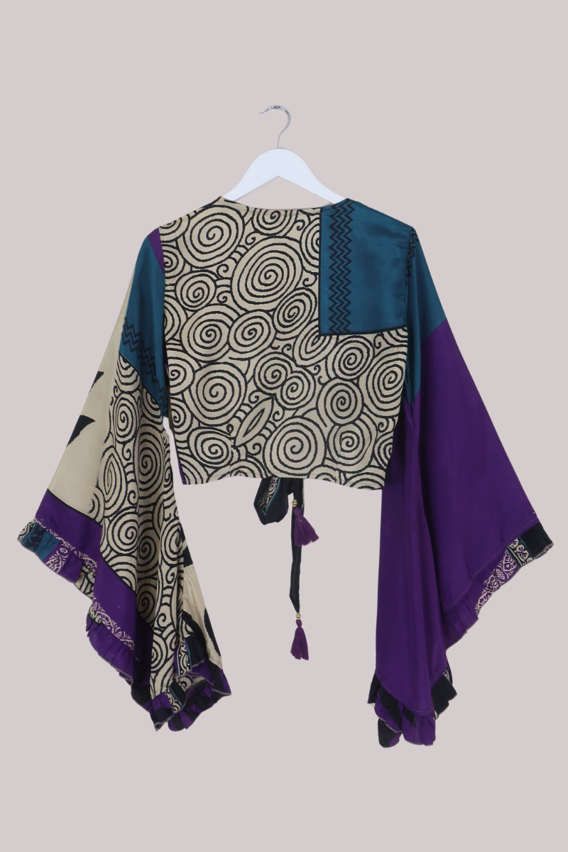 Venus Recycled Sari Wrap Top in Orchid Purple Etchings - Size S