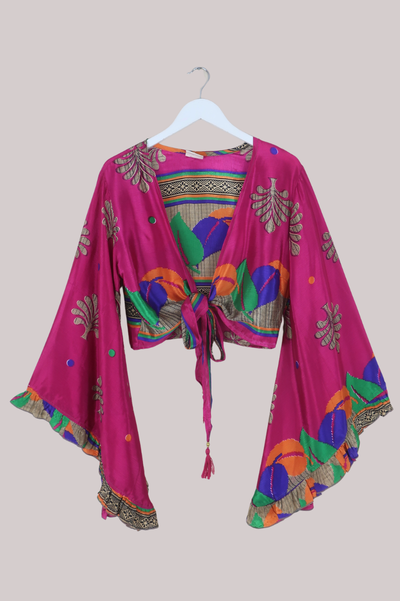 Venus Recycled Sari Wrap Top in Paintbox Magenta Leaves - Size S