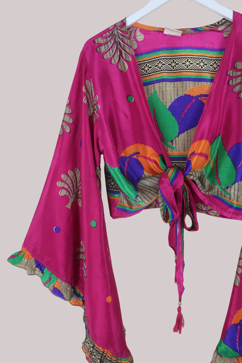 Venus Recycled Sari Wrap Top in Paintbox Magenta Leaves - Size S