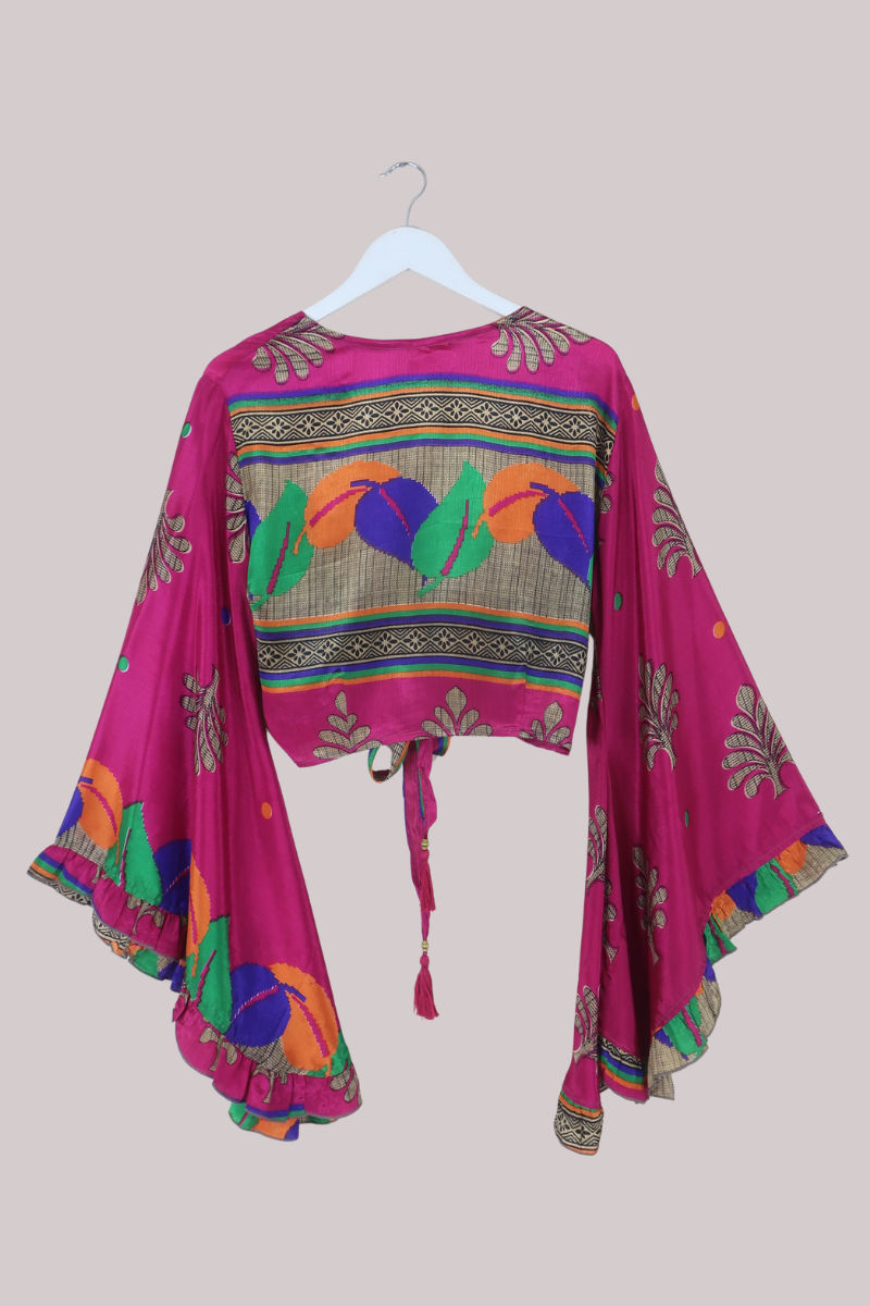 Venus Recycled Sari Wrap Top in Paintbox Magenta Leaves - Size S