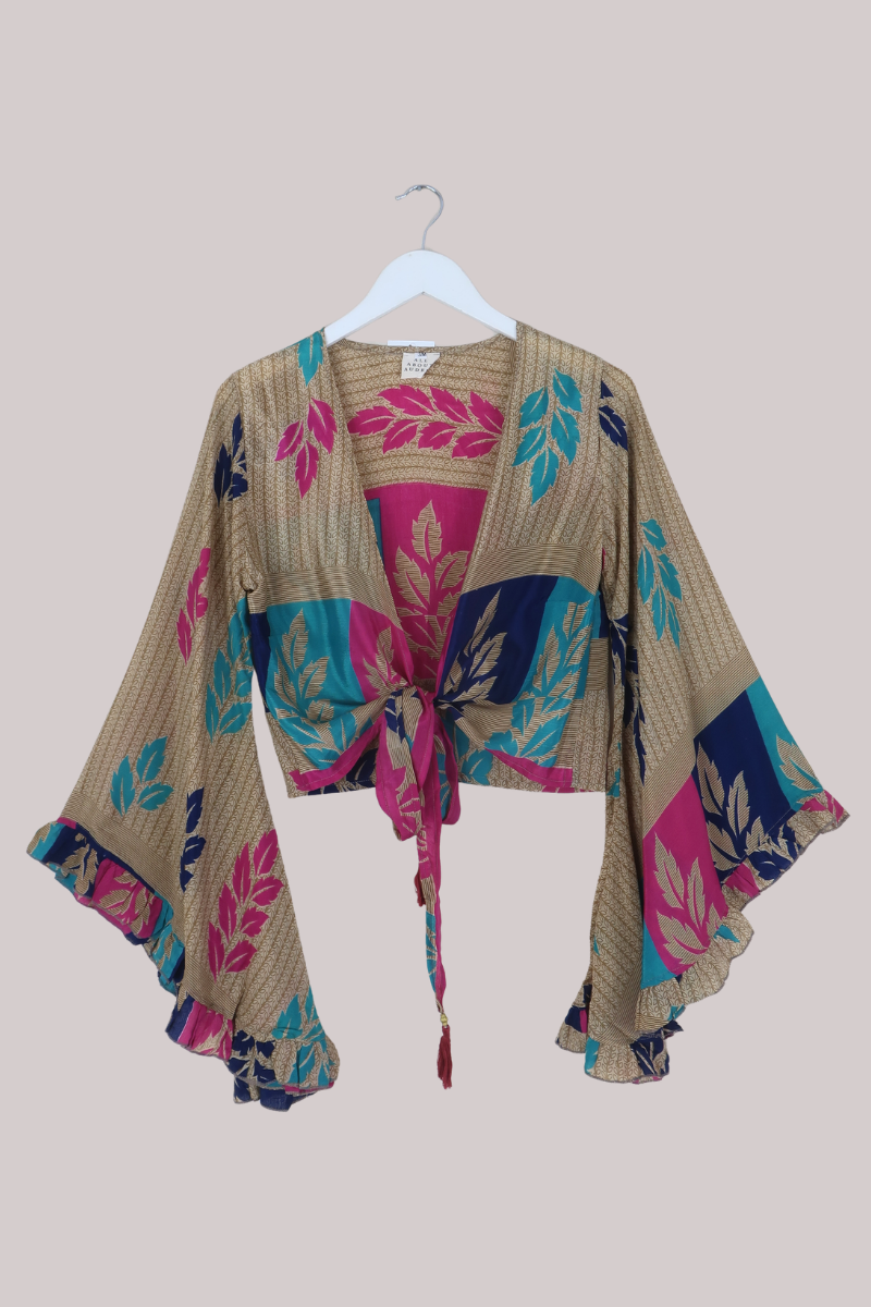 Venus Recycled Sari Wrap Top in Painted Leaf Patchwork - Size XS