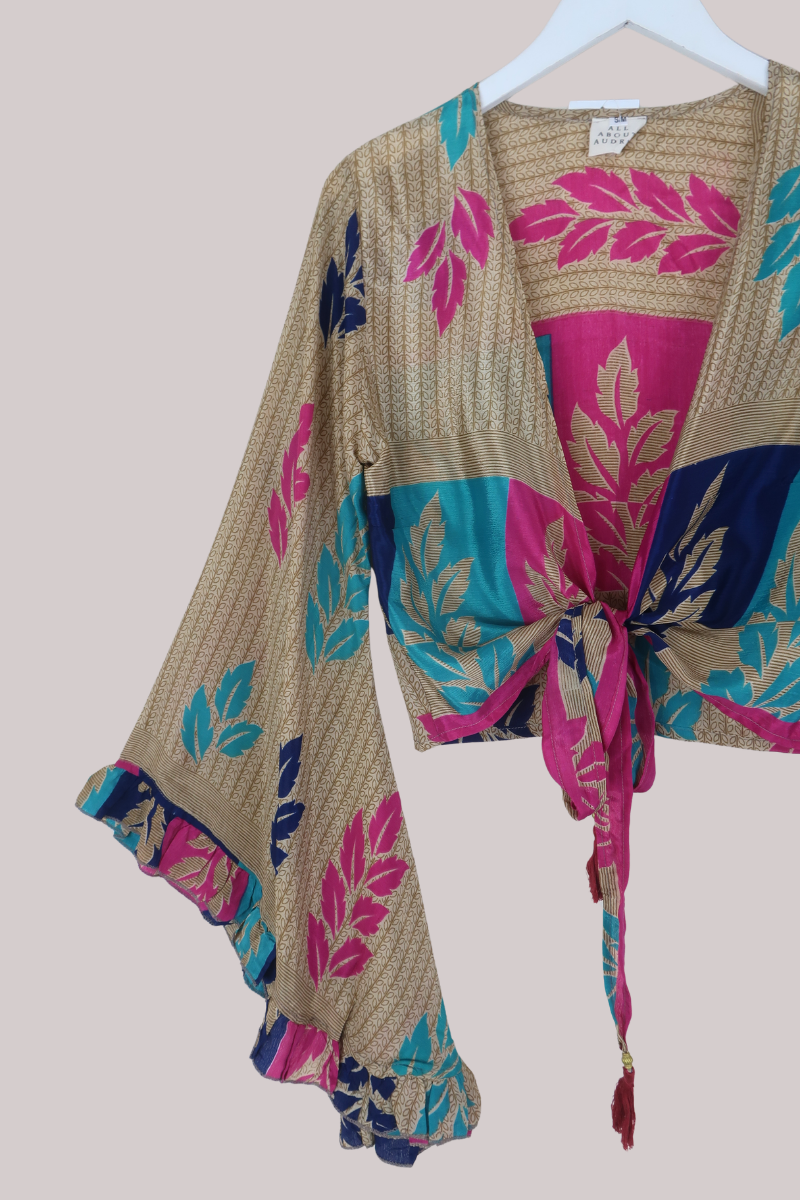 Venus Recycled Sari Wrap Top in Painted Leaf Patchwork - Size XS