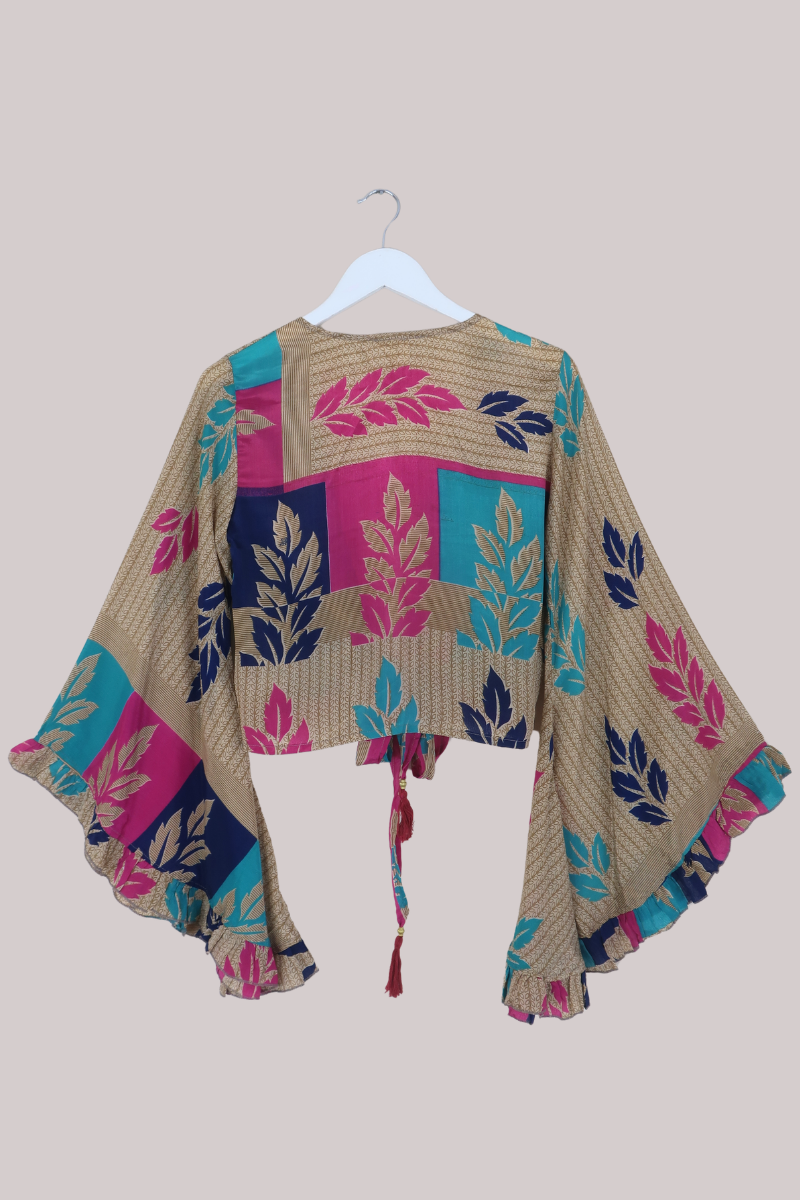Venus Recycled Sari Wrap Top in Painted Leaf Patchwork - Size XS