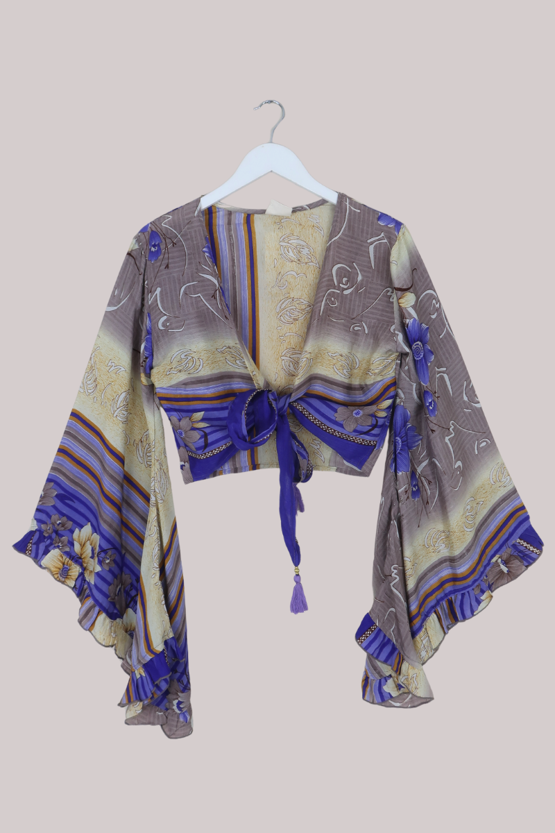 Venus Recycled Sari Wrap Top in Patchwork Of Cornflower Blue - Size S