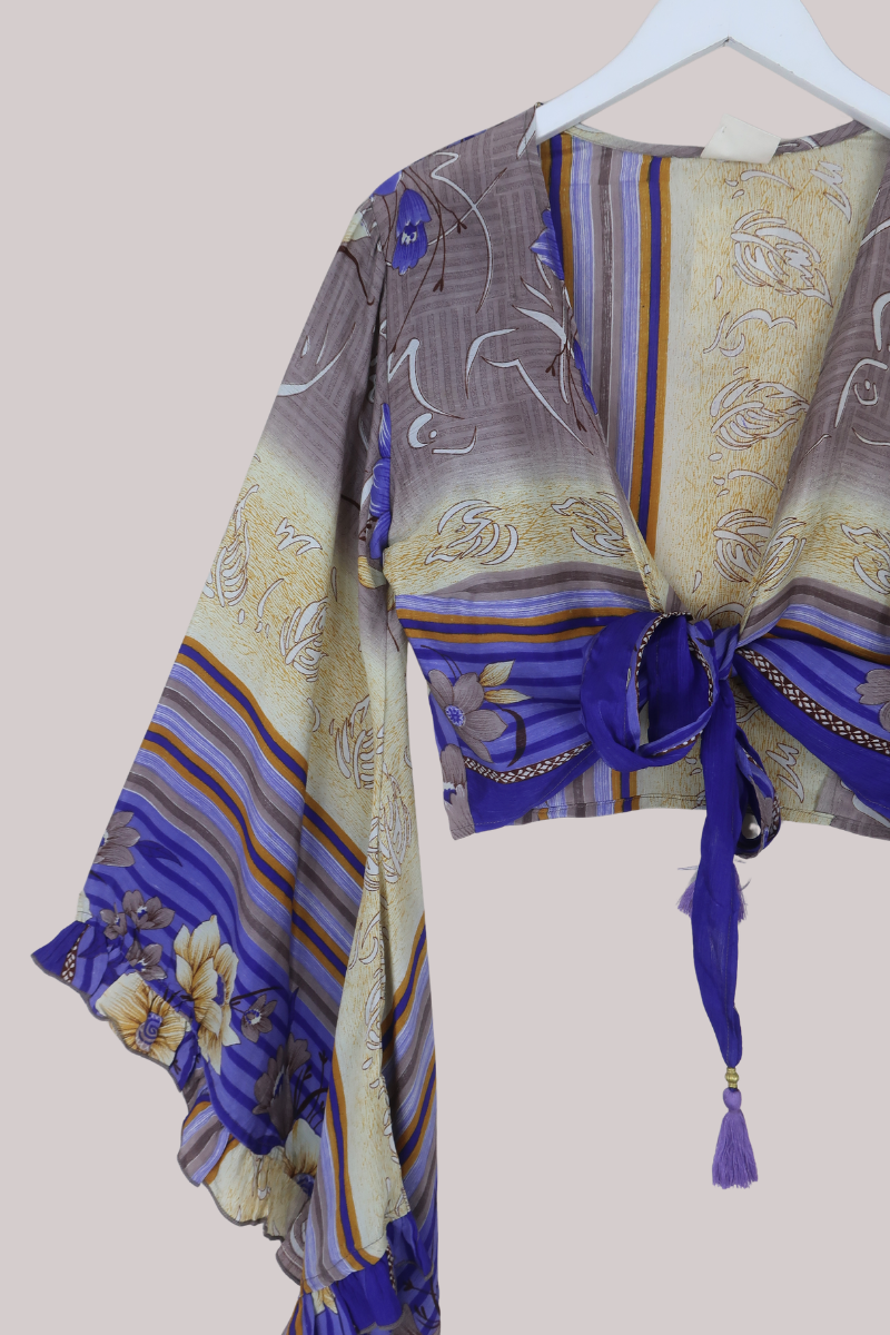 Venus Recycled Sari Wrap Top in Patchwork Of Cornflower Blue - Size S