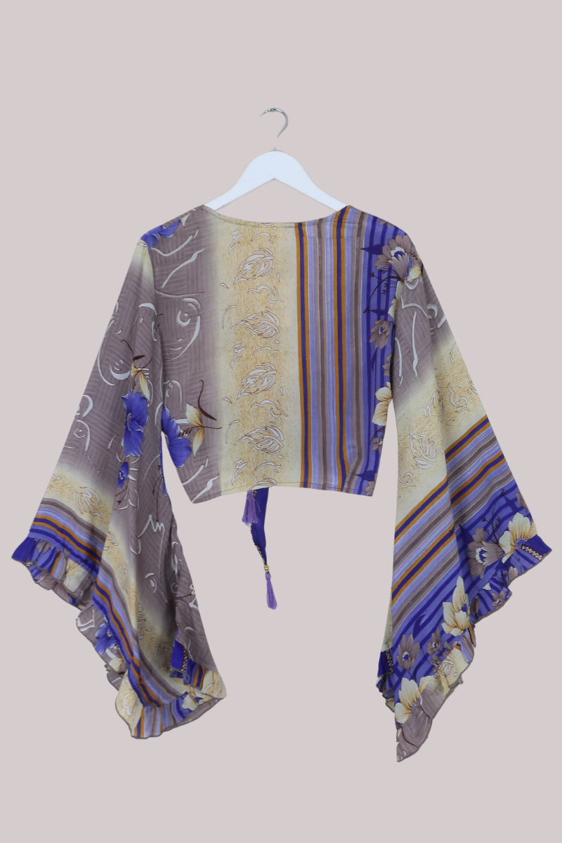 Venus Recycled Sari Wrap Top in Patchwork Of Cornflower Blue - Size S