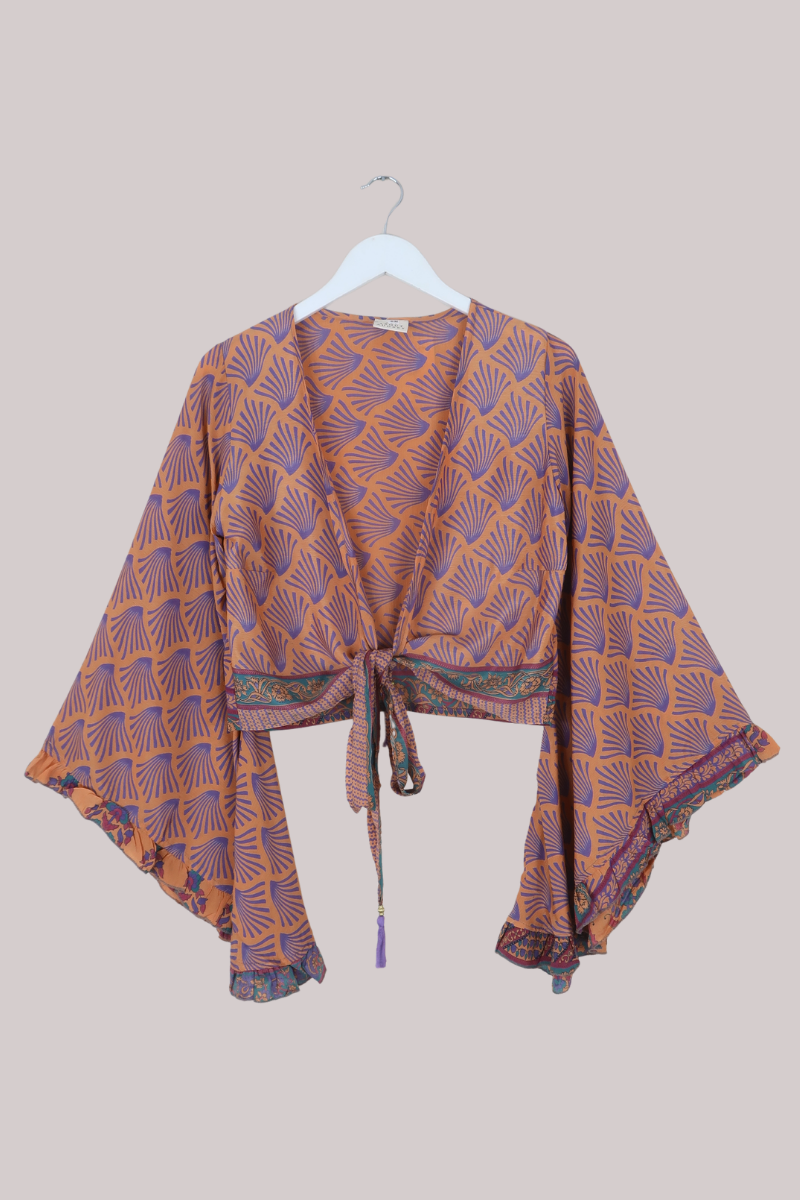 Venus Recycled Sari Wrap Top in Peach & Purple - Size S