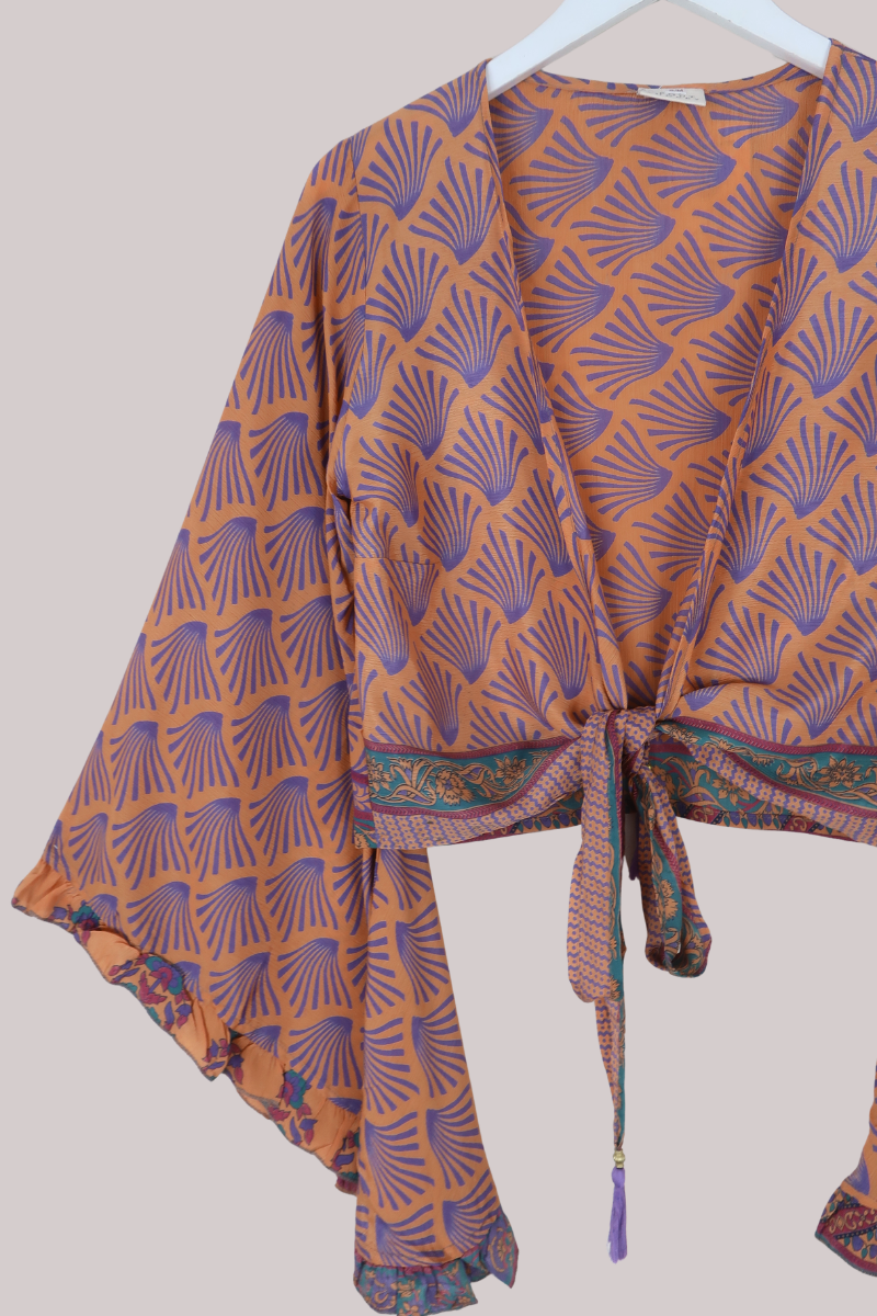 Venus Recycled Sari Wrap Top in Peach & Purple - Size S