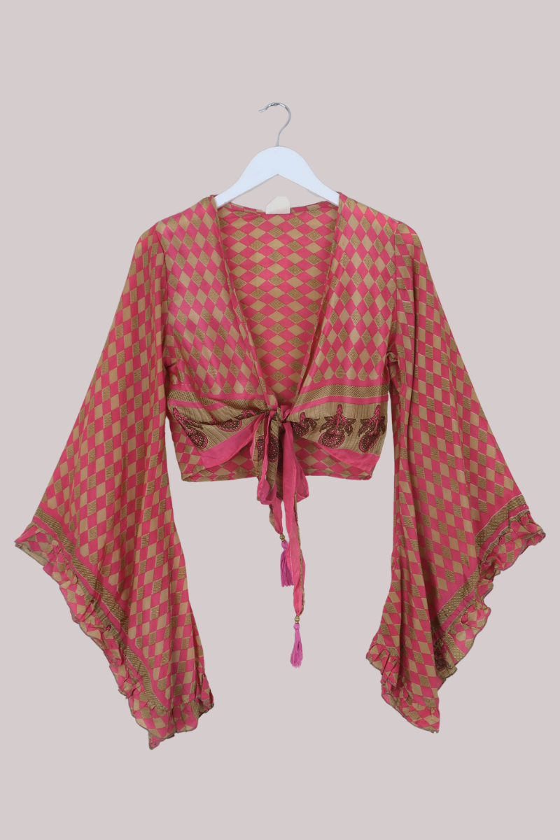 Venus Recycled Sari Wrap Top in Peach Blossom Chess Board - Size S