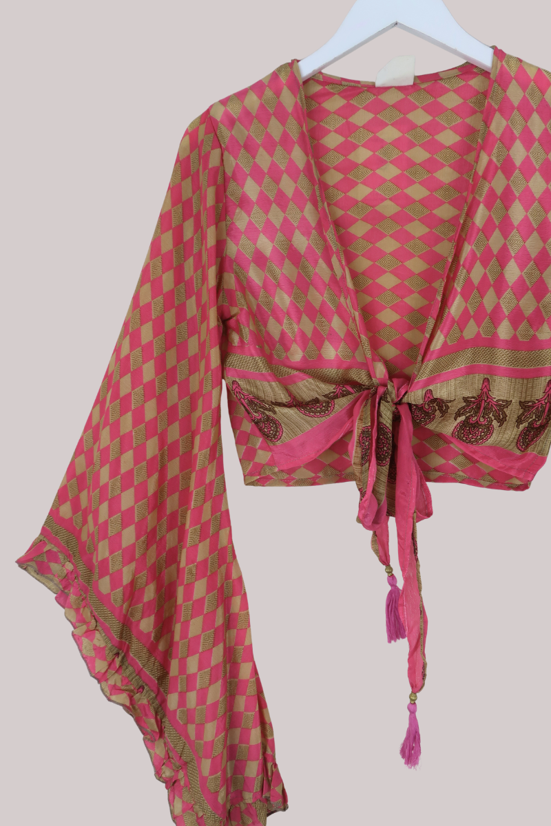 Venus Recycled Sari Wrap Top in Peach Blossom Chess Board - Size S