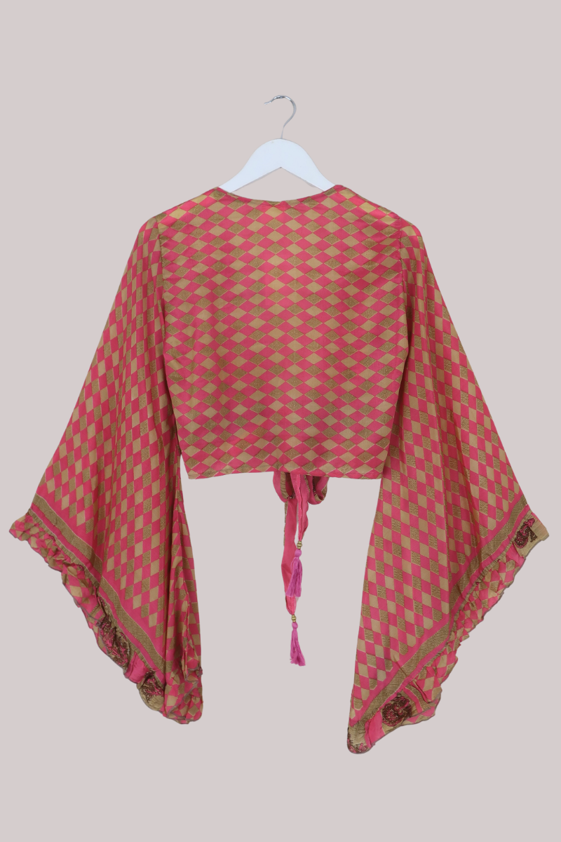 Venus Recycled Sari Wrap Top in Peach Blossom Chess Board - Size S