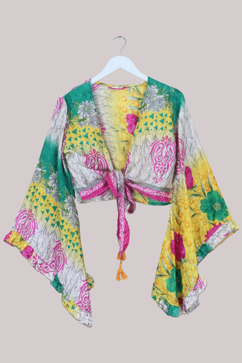 Venus Recycled Sari Wrap Top in Pina Colada Florals - Size S