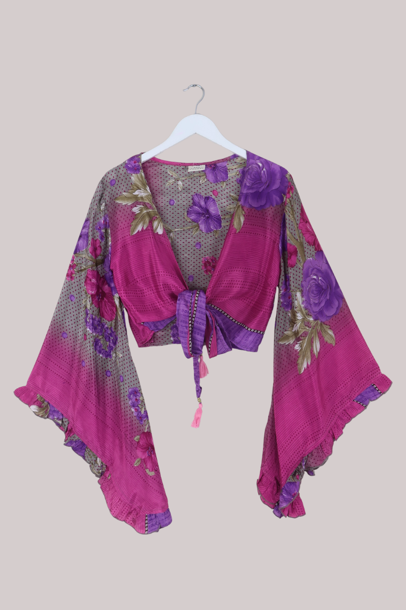 Venus Recycled Sari Wrap Top in Pomegranate Florals In Bloom - Size S