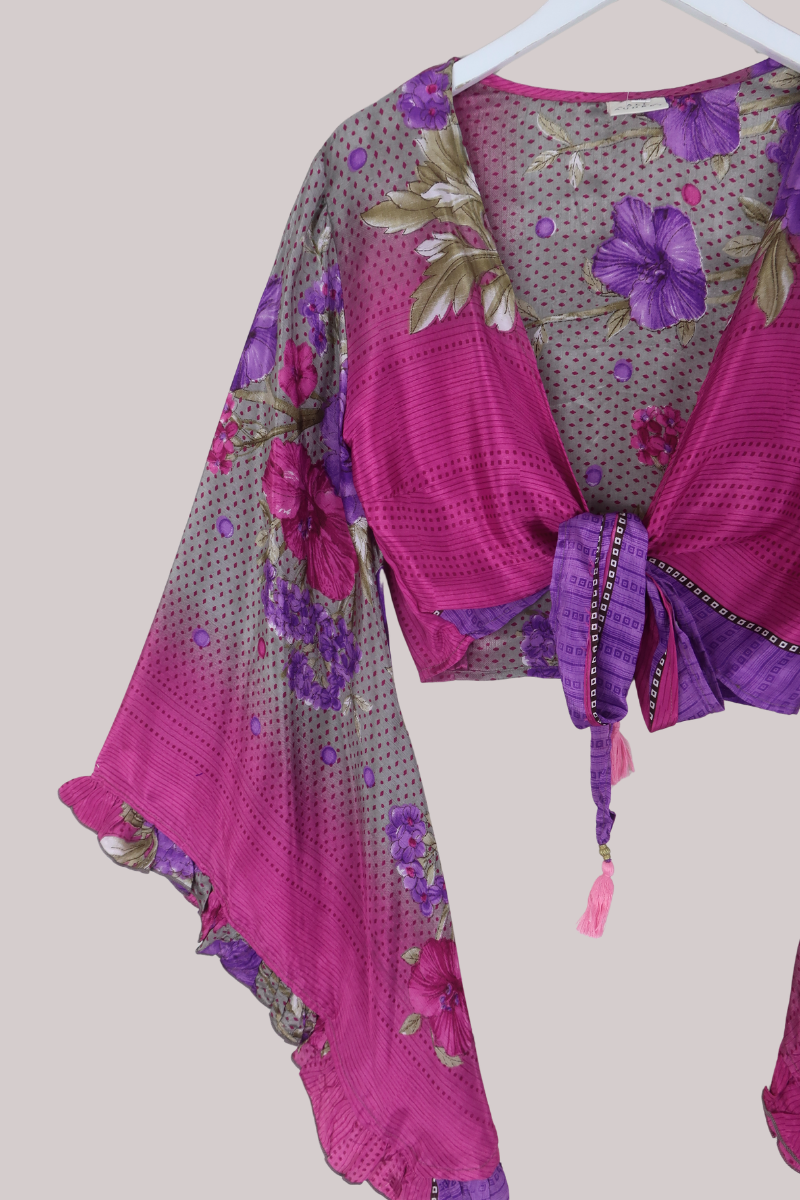 Venus Recycled Sari Wrap Top in Pomegranate Florals In Bloom - Size S