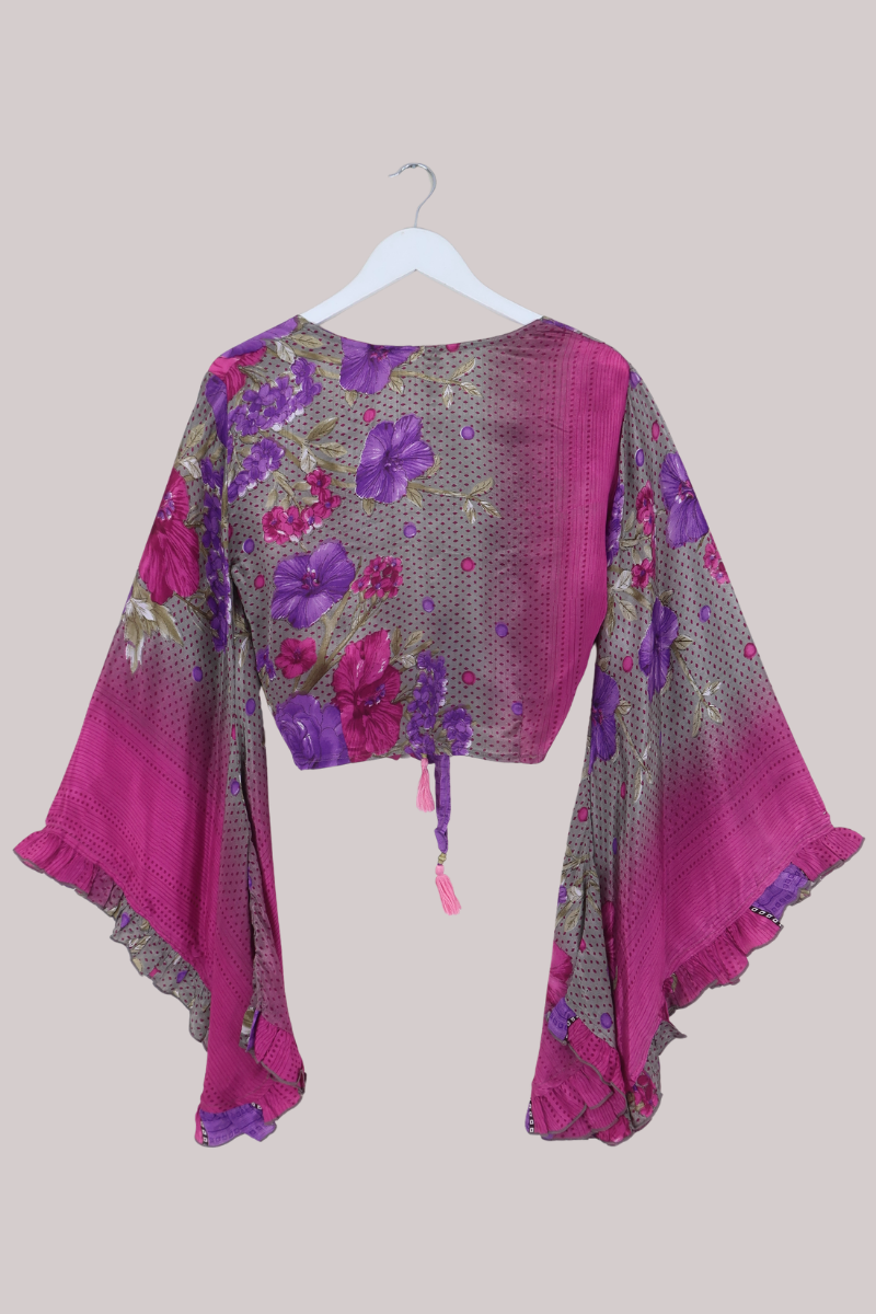 Venus Recycled Sari Wrap Top in Pomegranate Florals In Bloom - Size S
