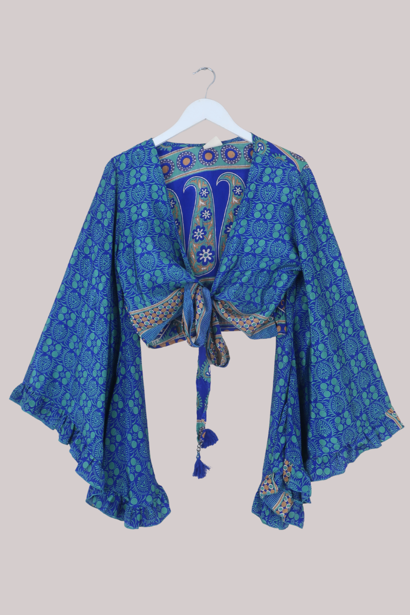 Venus Recycled Sari Wrap Top in Prancing Peacock Paisley - Size S