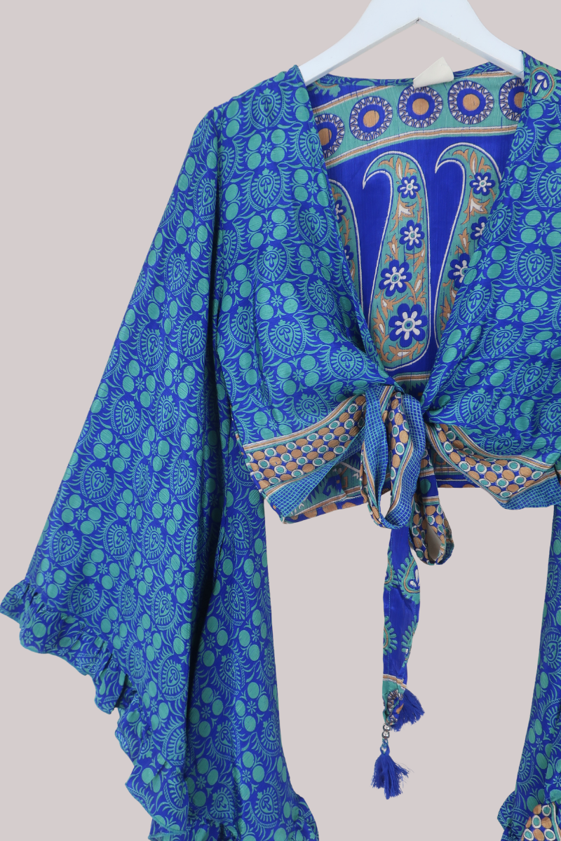 Venus Recycled Sari Wrap Top in Prancing Peacock Paisley - Size S